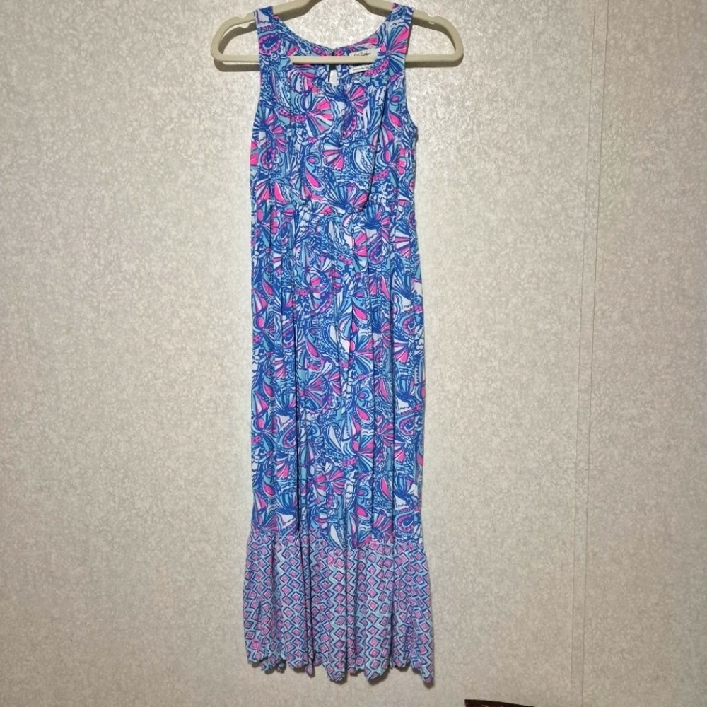 Lilly Pulitzer Blue and Pink Tiered Maxi Dress.SIZE:XL